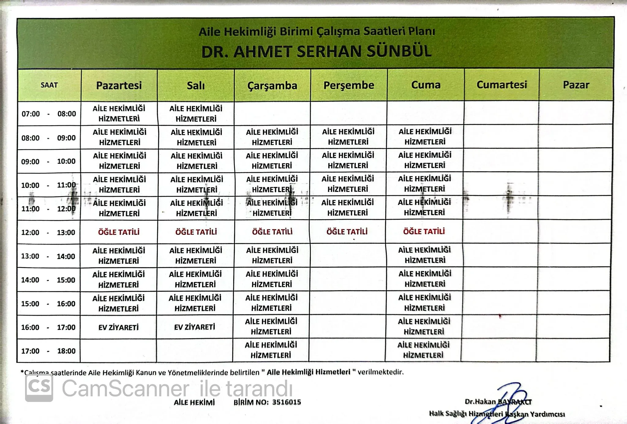 Dr. Ahmet Serhan Sünbül haftalık çalışma programı görseli; metin özeti aşağıdadır.