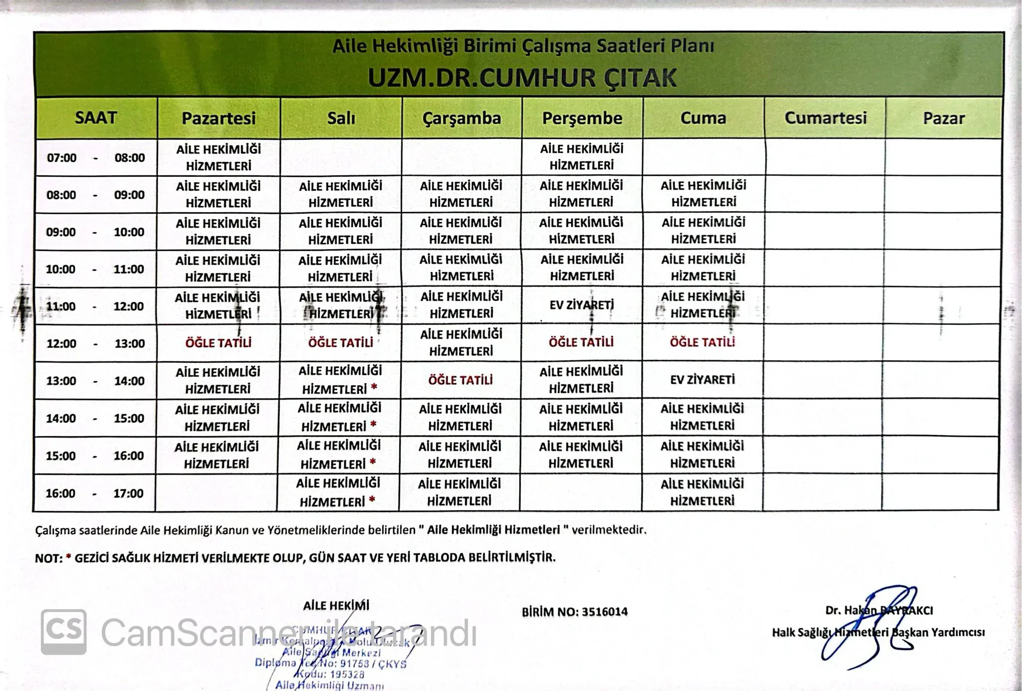 Uzm. Dr. Cumhur Çıtak haftalık çalışma programı görseli; metin özeti aşağıdadır.