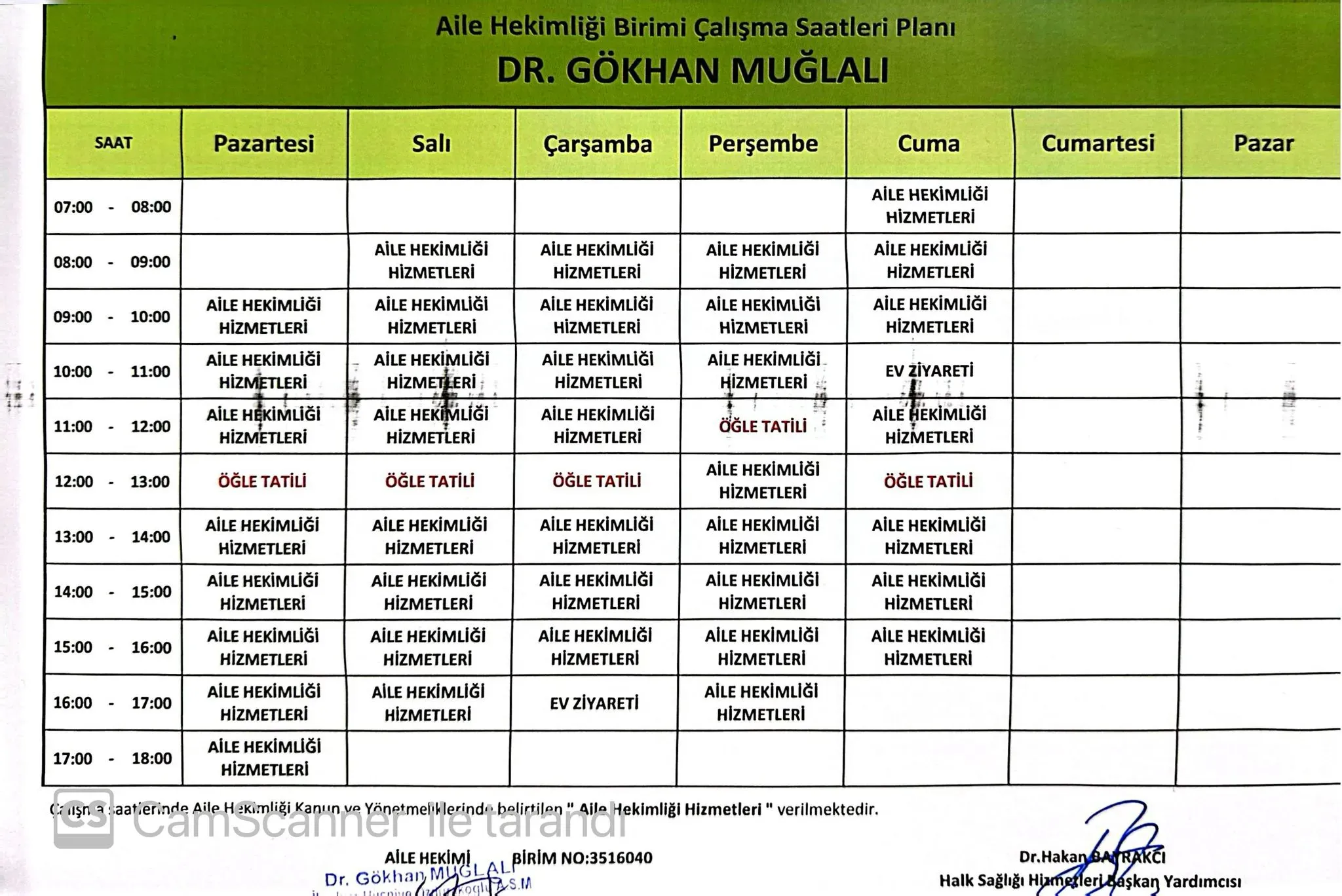 Dr. Gökhan Muğlalı haftalık çalışma programı görseli; metin özeti aşağıdadır.