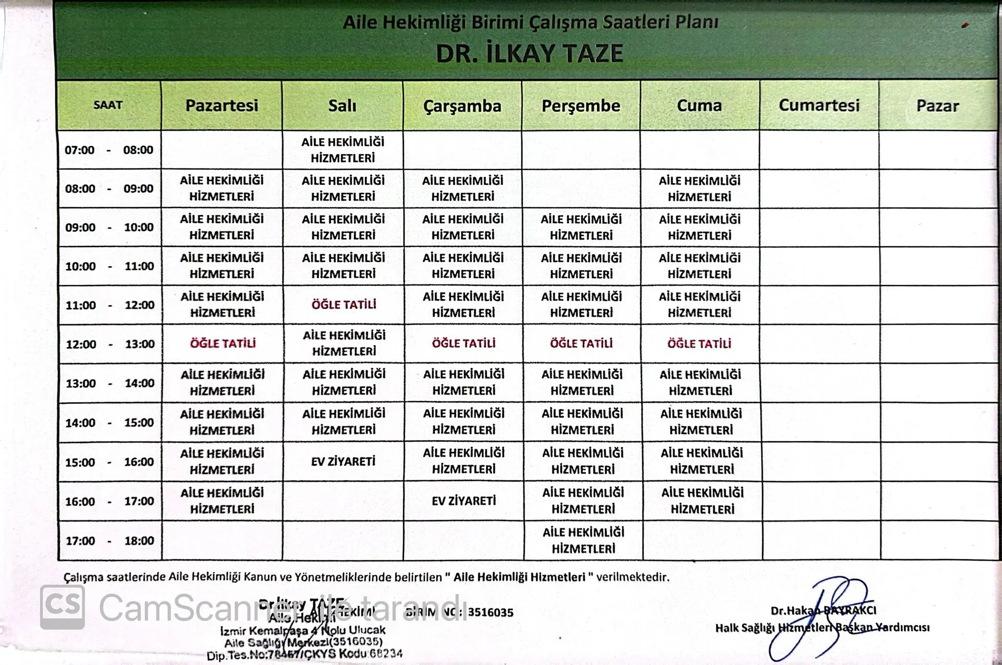 Dr. İlkay Taze haftalık çalışma programı görseli; metin özeti aşağıdadır.