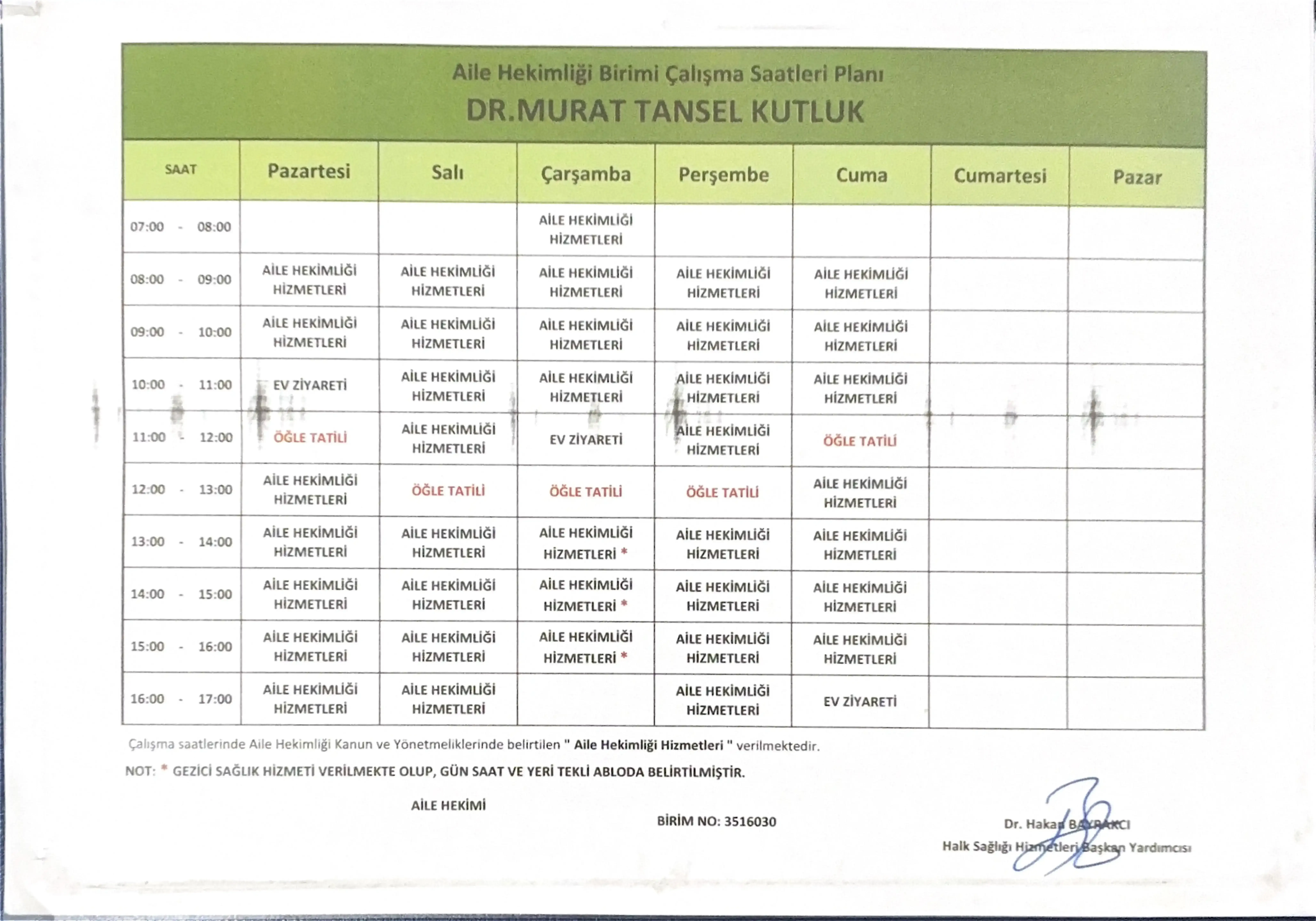 Dr. Murat Tansel Kutluk haftalık çalışma programı görseli; metin özeti aşağıdadır.