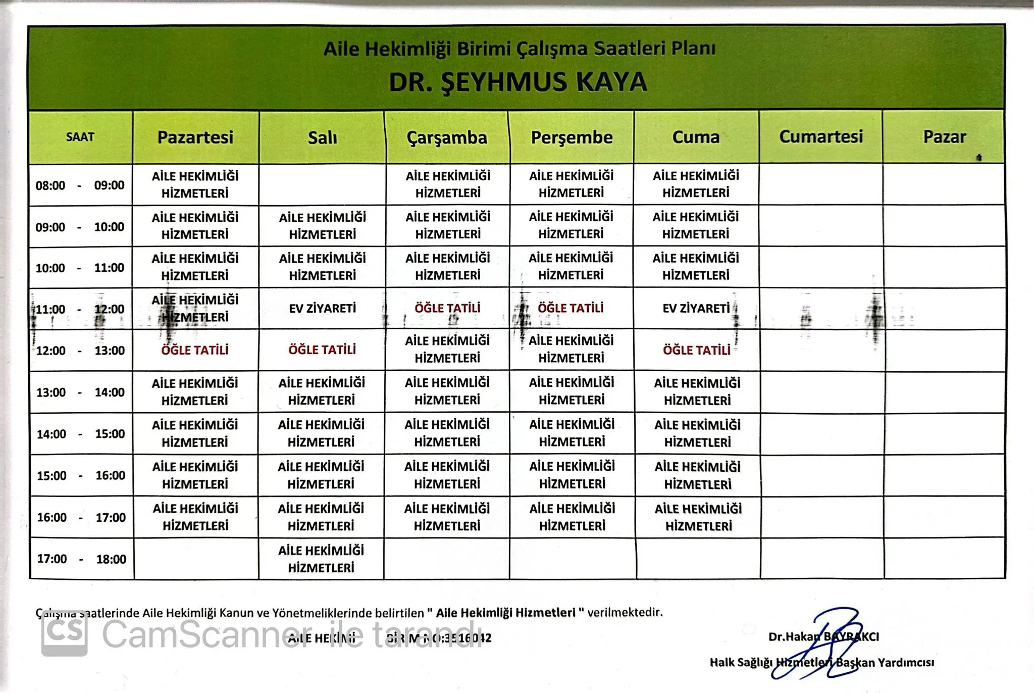 Dr. Şeyhmus Kaya haftalık çalışma programı görseli; metin özeti aşağıdadır.